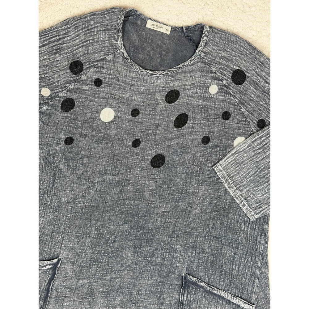 Jess & Jane Womens M Gray Polka Dot Mineral Wash Cotton Gauze Tunic Top Pockets